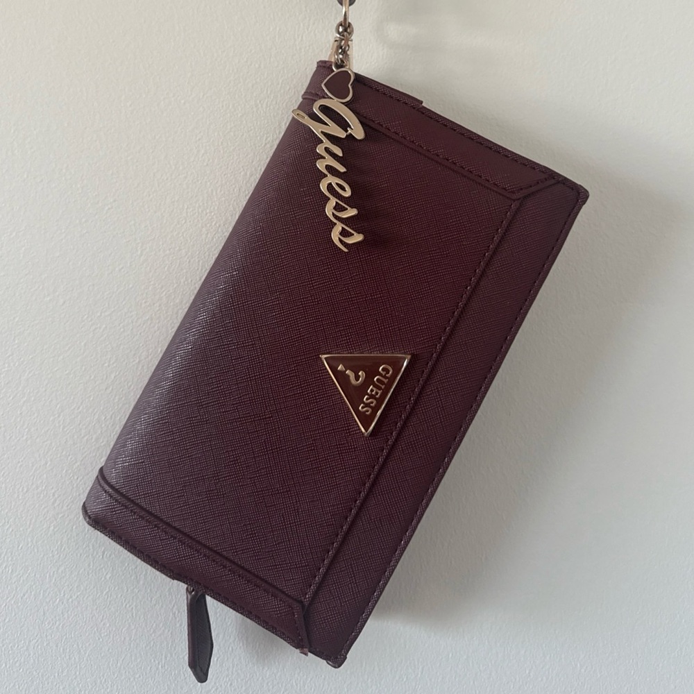 Guess Burgundy Leather Wallet with Gold Charm
